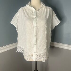 American Eagle White oversized Lace Trim Button Down Top‎ Short Sleeve Blouse